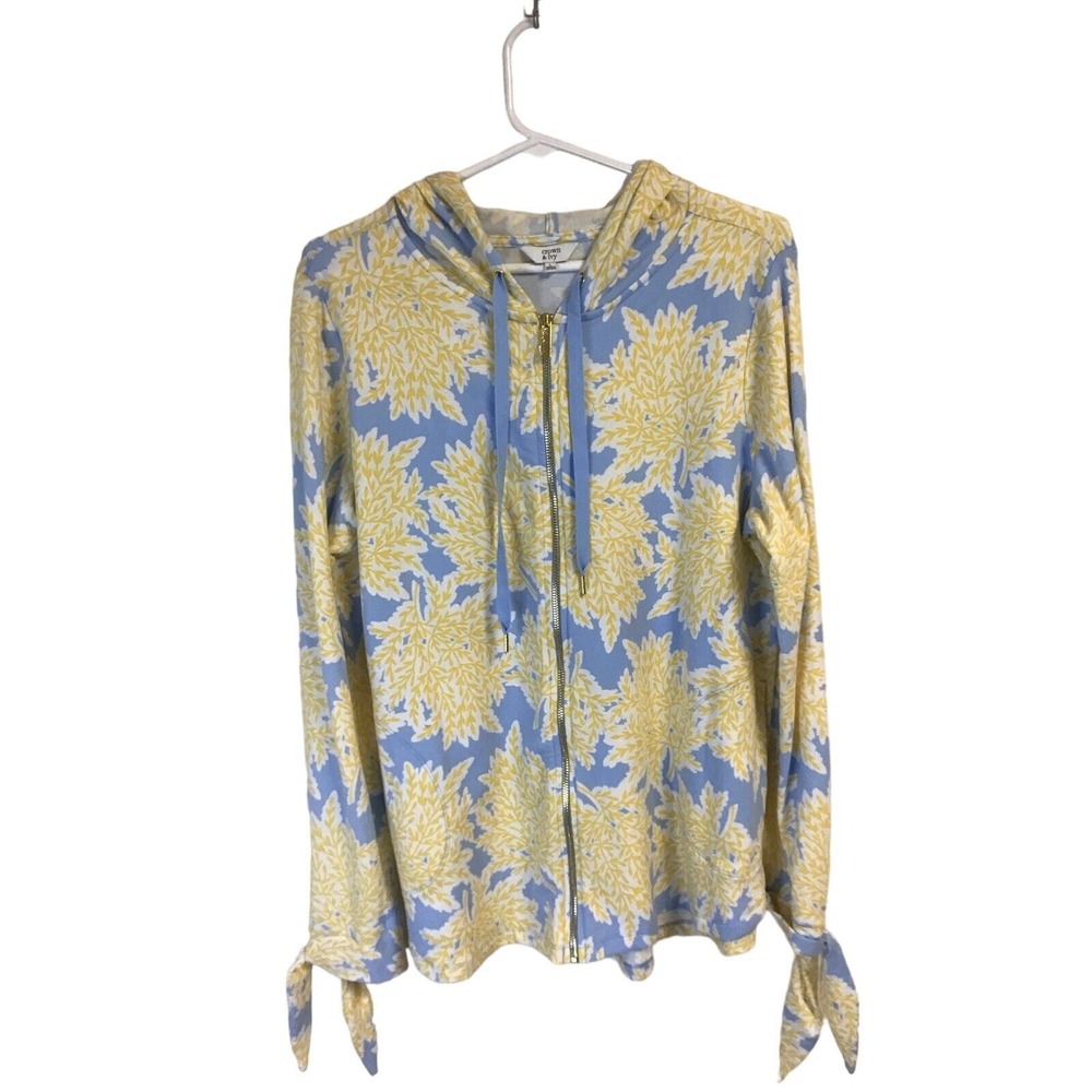 Crown & Ivy Yellow & Blue Floral‎ Print Hooded Jacket Womens Size Large